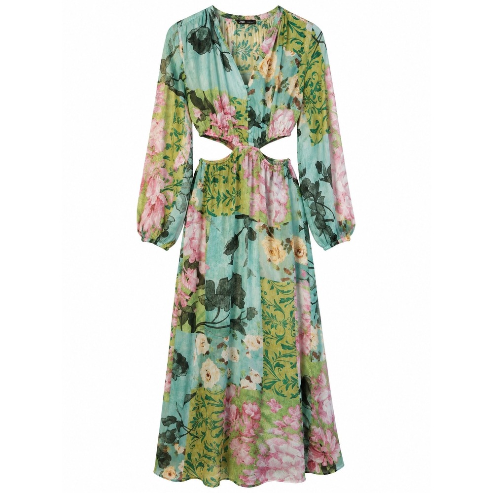 Zara Patchwork Floral Cutout Waist Maxi Dress Green Sz M